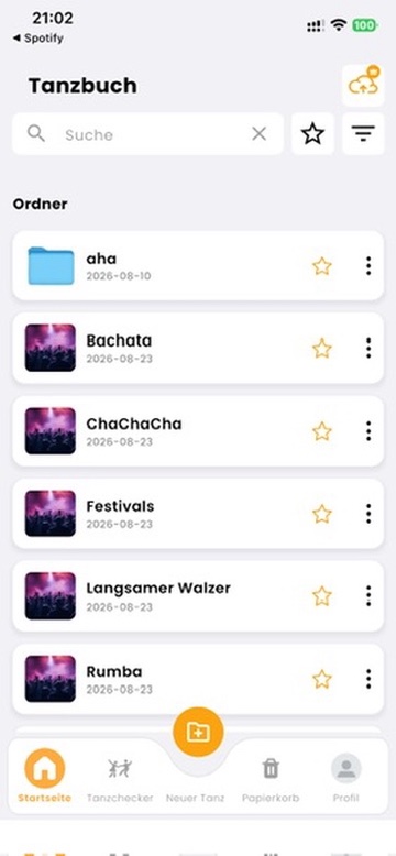 Echter Tanzbuch-App-Screenshot: Ordner für Bachata, ChaChaCha, Festivals und weitere Tänze