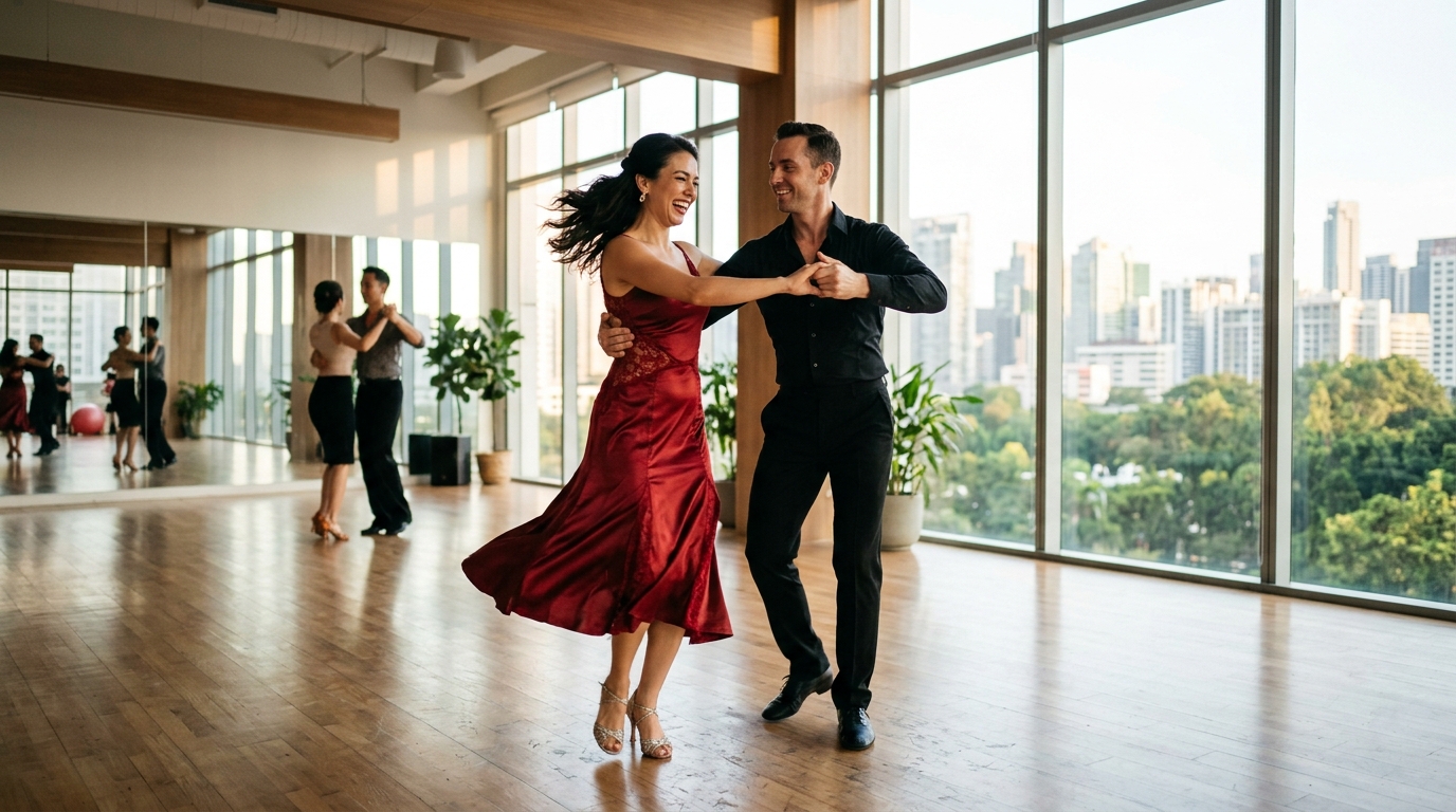 Ein Tanzpaar übt in einem hellen Tanzstudio